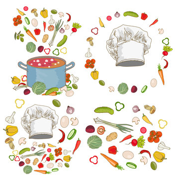 Food ingredients collection fresh vegetables cooking utensils