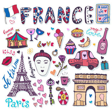 Doodles set of France - Eiffel tower, Triumphal arch and other culture elements. Vector collection
