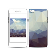 Mobile smartphone with an example of the screen and cover design isolated on white. Abstract colorful polygonal backdrop, blurred background, mountain landscape, modern stylish triangle vector texture