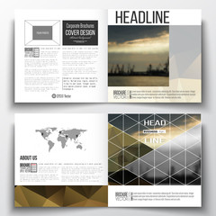 Set of annual report business templates for brochure, magazine, flyer or booklet. Colorful polygonal background with blurred image, seaport landscape, modern stylish triangular vector texture