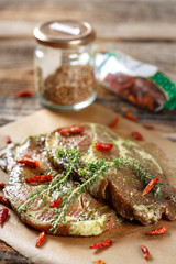 Marinated pork neck and condiments