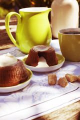 Chocolate souffle with confectioner's sugar