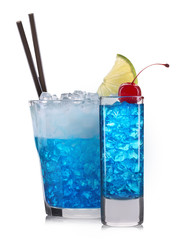 Set of blue cocktails with decoration from fruits and colorful straw isolated on white background