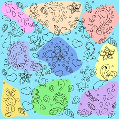 Abstract pattern with flowers, hearts, swirls on ayellow background,  can be used for wallpaper, pattern fills, web page background,surface textures