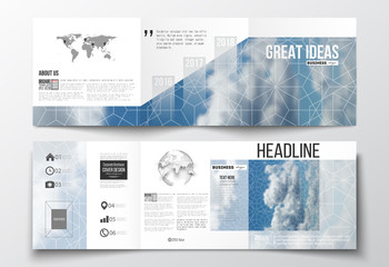 Set of tri-fold brochures, square design templates. Beautiful blue sky, abstract geometric background with white clouds, leaflet cover, business layout, vector illustration.