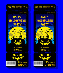Set of Halloween ticket on holiday party with pumpkin, scary trees, moon and monster bats on dark blue gradient background. Letters from bones. Cartoon style. Vector illustration