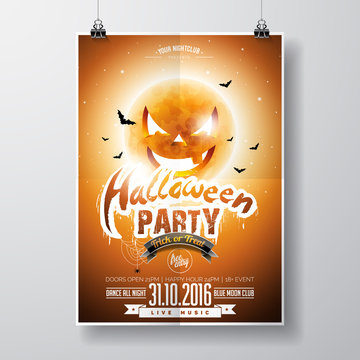 Vector Halloween Party Flyer Design with typographic elements and pumpkin moon on orange background