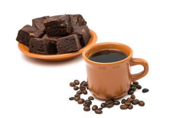 Chocolate brownies  and cup of coffee