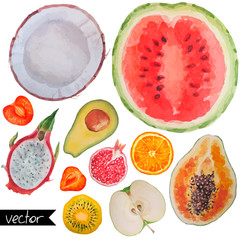  Collection set of fresh ripe fruits berries and exotic fruits.