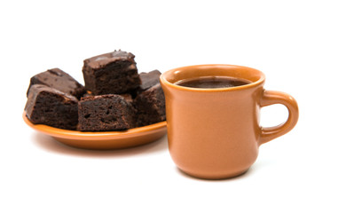 Chocolate brownies  and cup of coffee