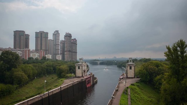 The Sluices of the Moscow River and the Moscow Canal. Housing complex Alye Parusa. Timelapse 