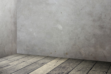 Empty concrete wall and wood plank floor interior in perspective
