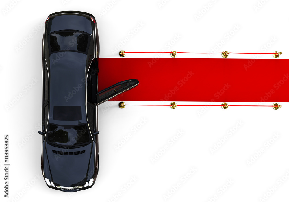 Poster red carpet limousine / 3d render image representing a high class limousine at the end of the red car