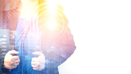 Double exposure of business Asian woman isolate on white background