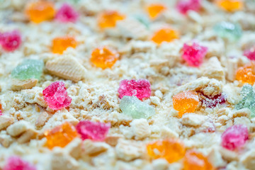 Homemade No-Bake Cheesecake with Strawberries, Marmalade and Cookies in Baking Dish for Birthday Party, Close-up