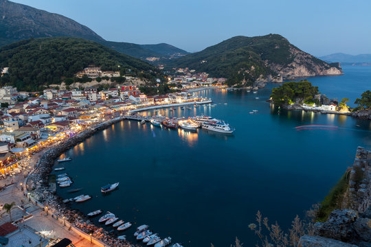 The harbor of Parga by night, Greece, Ionian Islands