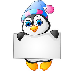 Cute little penguin holding blank sign