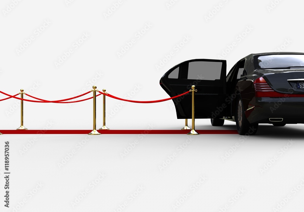 Poster waiting limousine / 3d render image representing a high class limousine with a open door waiting at 