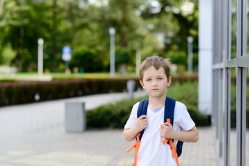 Little 7 years schoolboy going to school.