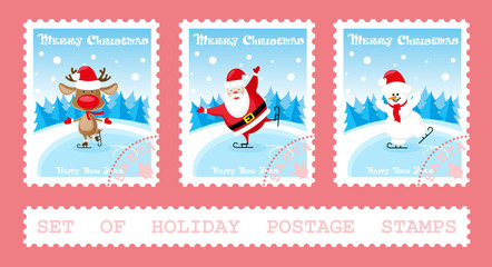 Set of holiday postage stamps with Santa Claus, deer, snowman on ice rink. Cartoon style isolated on pink background. Vector illustration