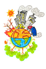 Hand drawn earth change icon on white background /global warming and pollution concept