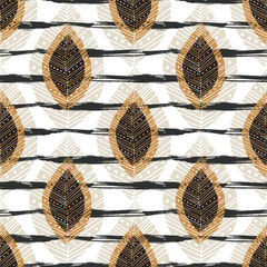 Autumn seamless pattern with modern leaves on stripes texture. Vector textile print, fabric design