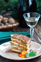 Slice of layered honey cake.