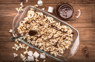 Dark chocolate caramel popcorn. Homemade .