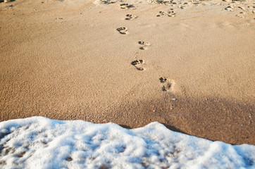 Human Footprints lead to the sea on the sand. Summer wallpaper