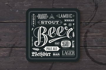 Coaster for beer with hand drawn lettering. Monochrome vintage drawing for bar, pub and beer themes. Black square for placing a beer mug or a beer bottle over it with lettering for beer theme. Vector