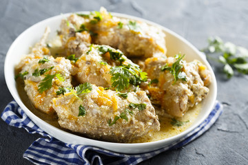 Rabbit, cooked with sour cream and vegetables