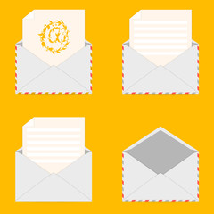 Set of envelopes and letters on yellow background. Correspondence, personal communication, email and spam concept design. Arroba email symbol. Envelope icon. Vector illustration.