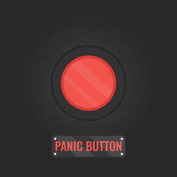 Panic button sign. Vector illustration of a red emergency stop button on black rusty  panel. Touch, push or press symbol.