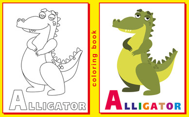 Coloring Book for Kids with letters and words. Litter A. Alligat