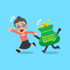 Cartoon senior woman with retirement savings bag