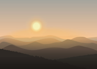 Cartoon mountain landscape in sunrise. Background Outdoor Recreation concept illustration.