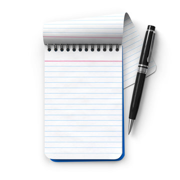 Notepad with ballpoint pen.3D rendering.Isolated on white background.Top view.