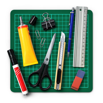 Office stationery tools.Unorganized on a cutting mat.3D rendering.Top view.