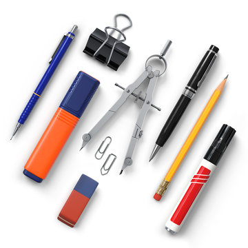 Office tools set.Pencil.Clips.Highlighter.Compass.Eraser.Pen.Ballpen.Marker.