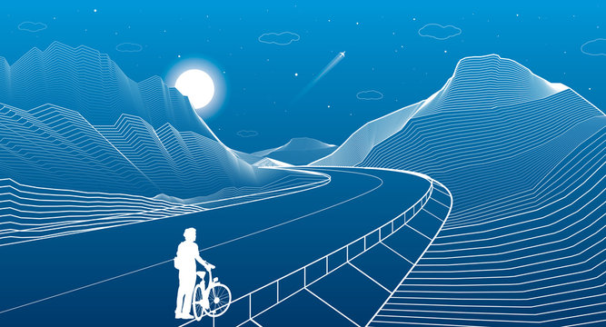 The road in the mountains, night scene, cyclist preparing for a trip, white lines landscape, vector design art