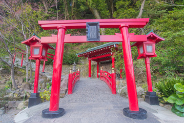 Fototapeta na wymiar Red poles door at Umi-Zigoku in Beppu Oita, Japan