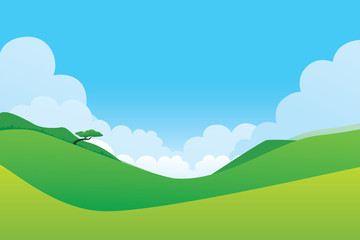 Obraz premium Green hill landscape. Vector illustration of panorama view with green mountain landscape and cloud sky.