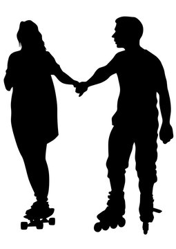 Silhouette of boy and girl on roller skates on white background
