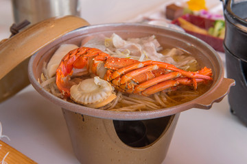 Japanese seafood hot pot with beef and shrimp or lobster