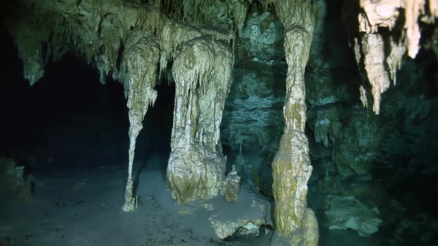 Underwater stalactites and stalagmites in landscape Mexican Sacred Mayan Cenote. Deep underground clean and clear fresh lake in cave. Unique shooting Wonders of Yucatan Peninsula nature in Dos Ojos.