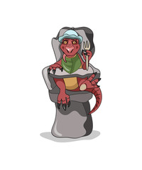 Illustration of a baby Tyrannosaurus Rex sitting in a high chair.