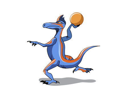Illustration of an Iguanodon playing basketball.