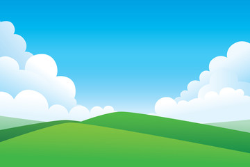 Green hill landscape.  Vector illustration of panorama view with green mountain landscape and cloud sky.