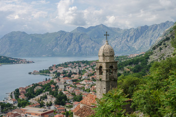 Naklejka na ściany i meble Panoramic view of Kotor with a chapel in the foreground