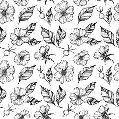 Hand drawn vector background. Seamless pattern with flowers, leaves